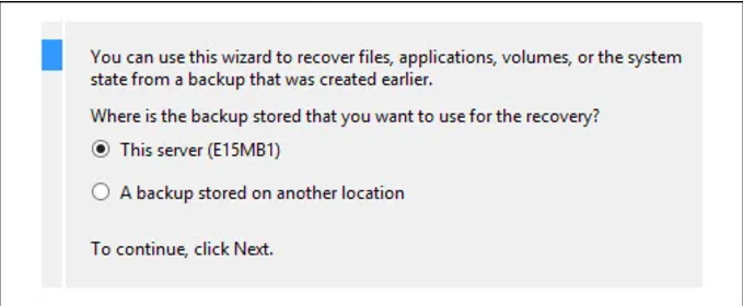 If it is on another server or storage location, choose ‘A backup stored on another location’ and click Next.